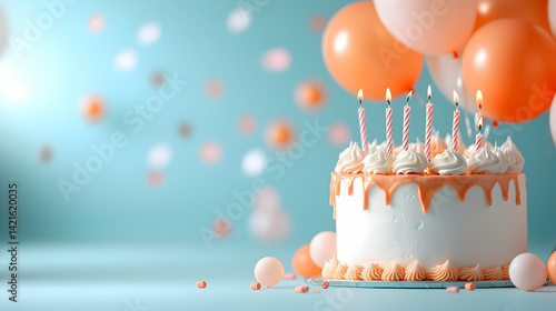 Peach Birthday Cake with Candles and Balloons