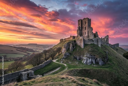 Hilltop castle ruins glow in the golden hour sunset, a breathtaking ancient stone fortress.