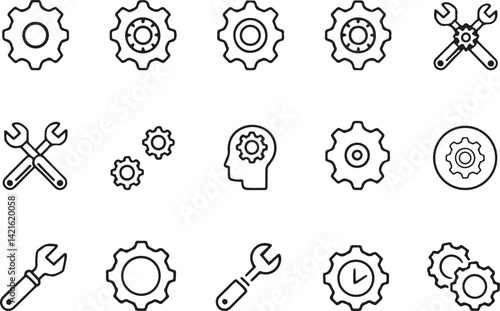 Gear and tool line icon set. engineering, mechanical, repair, construction, settings, wrench icons. vector illustration