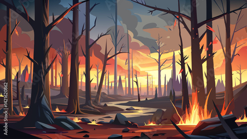 A haunting stillness fills the burnt forest, where life once thrived