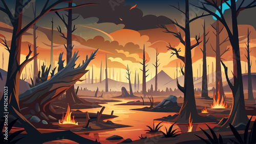 A haunting stillness fills the burnt forest, where life once thrived