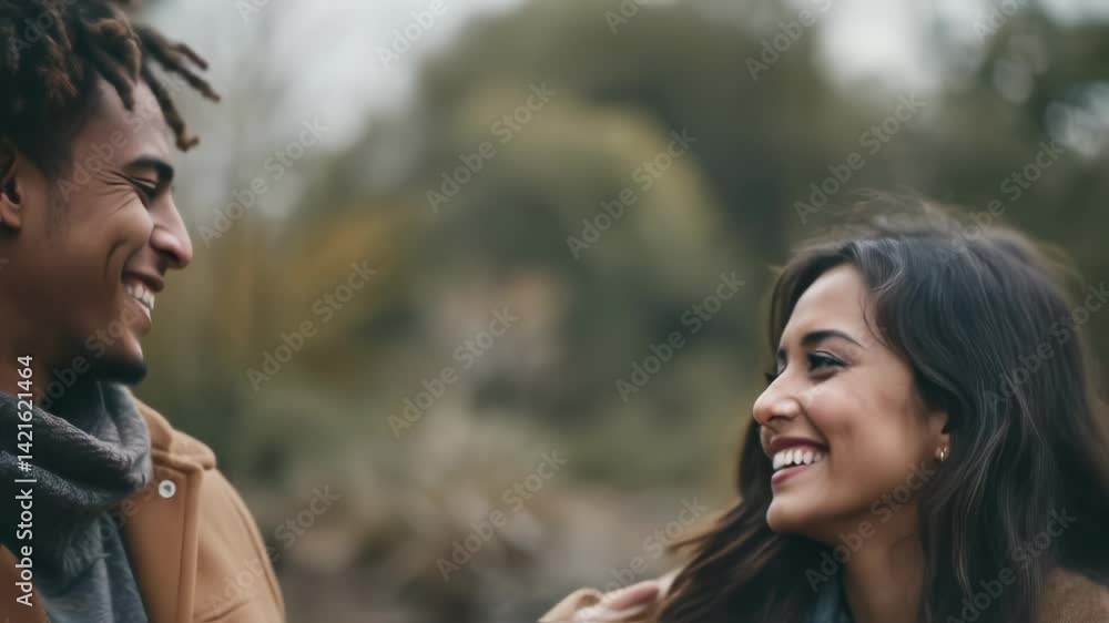 In a peaceful outdoor area, a couple shares laughter and smiles while embracing each other in autumn attire. Surrounded by trees, the atmosphere exudes warmth and connection despite the cool weather In a peaceful outdoor area, a couple shares laughter and smiles while embracing each other in autumn attire. Surrounded by trees, the atmosphere exudes warmth and connection despite the cool weather