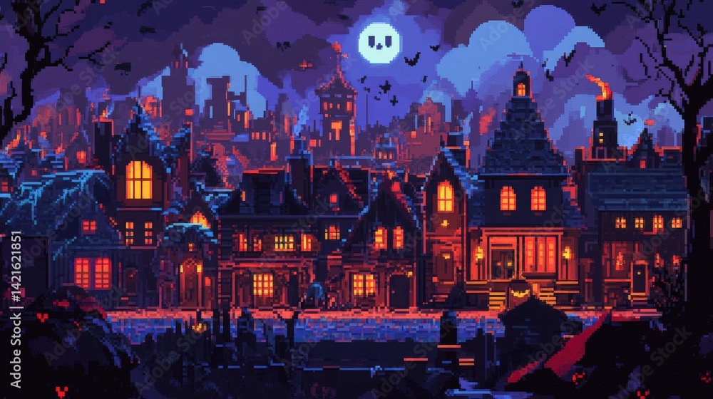 Fototapeta premium A pixelated halloween night town with glowing windows and spooky atmosphere.