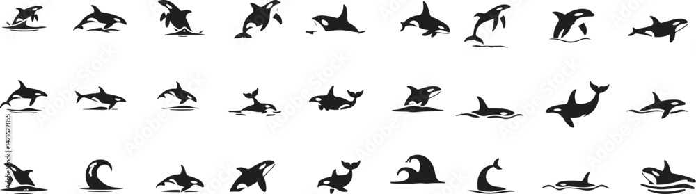 Obraz premium Silhouette orca whale icons set. marine life, ocean, mammal, set, logo, sea animal icons. vector illustration