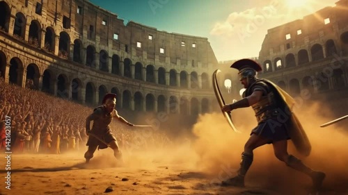 A group of men are playing gladiator in a large arena. Smooth repeating motion for background video animation.