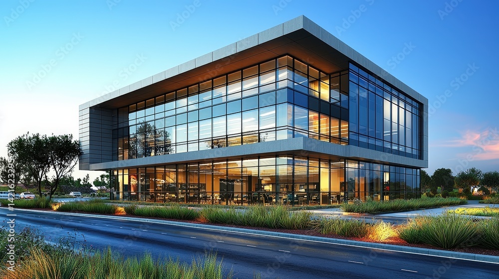 Fototapeta premium A sleek, modern office complex, its scale meticulously crafted on a polished mahogany desk, was presented by a businessman or architect, his words weaving a narrative of innovation and progress 