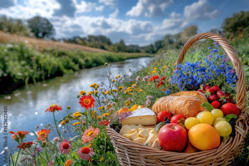 Basket of fresh produce by a river