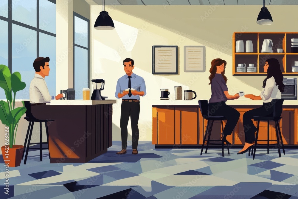 Busy coffee shop during afternoon hours with customers engaging with barista and relaxing in a modern space filled with natural light Busy coffee shop during afternoon hours with customers engaging with barista and relaxing in a modern space filled with natural light