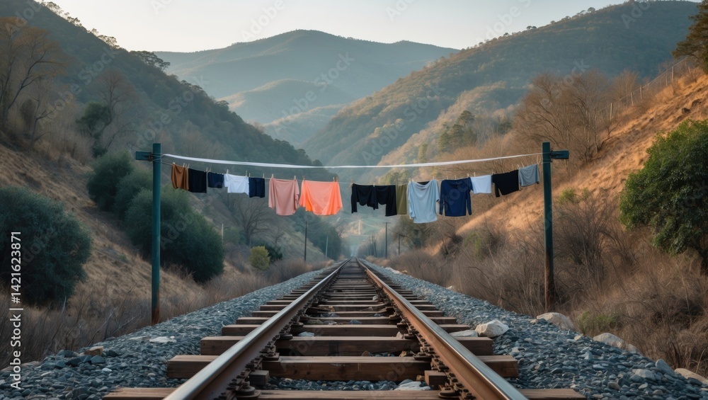 Clothes hanging on a line above railway tracks surrounded by mountains and trees during golden hour. Clothes hanging on a line above railway tracks surrounded by mountains and trees during golden hour.