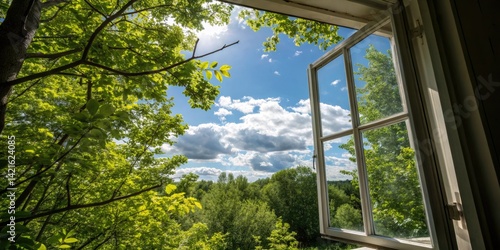 High-resolution image: sunlit leaves and branches in a peaceful garden, viewed through a window.