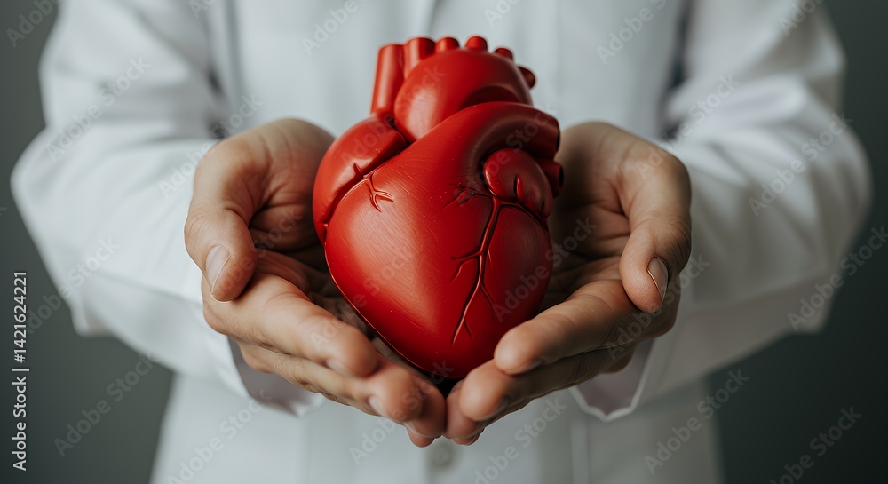 Holding Human Heart Model in Hands Illustrating Healthcare and Anatomy