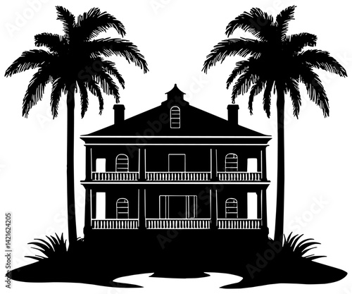 Southern style house with palm trees, isolated 
