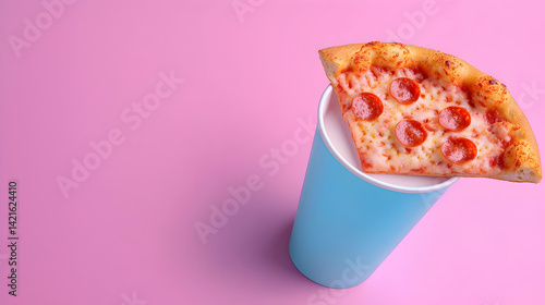 Pepperoni Pizza Slice in a Blue Cup of Milk on Pink Background