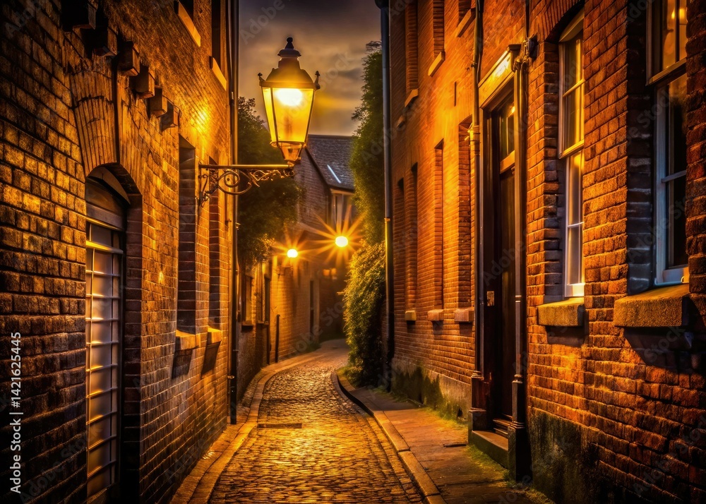 Fototapeta premium Low light paints an empty backstreet; warm streetlights illuminate the urban night.