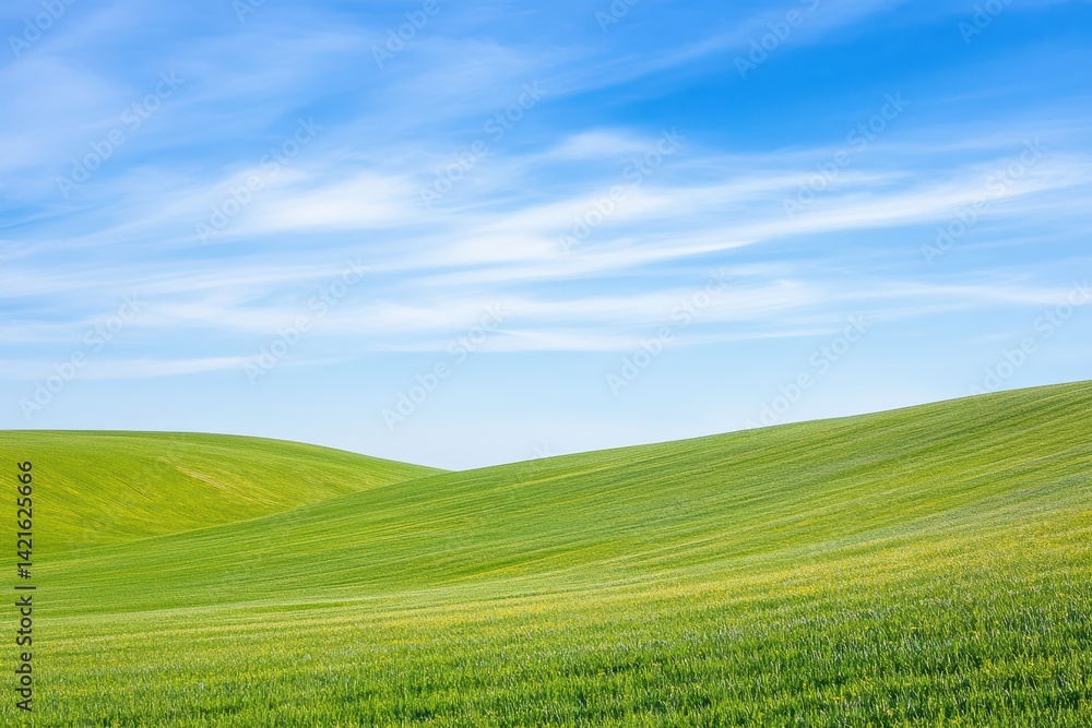 Fototapeta premium 青空に映える緑の丘が美しく広がる風景が楽しめる場所。