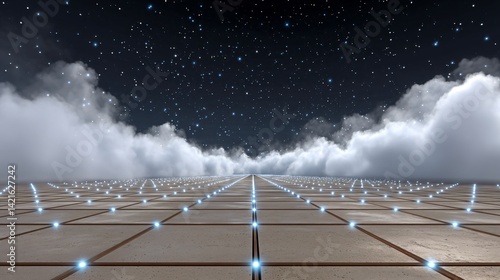 A dark digital horizon with gridlines receding into the distance and pulsing blue beacons at each intersection