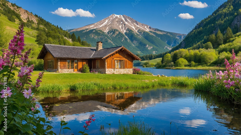Naklejka premium Serene Countryside with Lake, Flowers, and Cottage in Vibrant Spring Setting