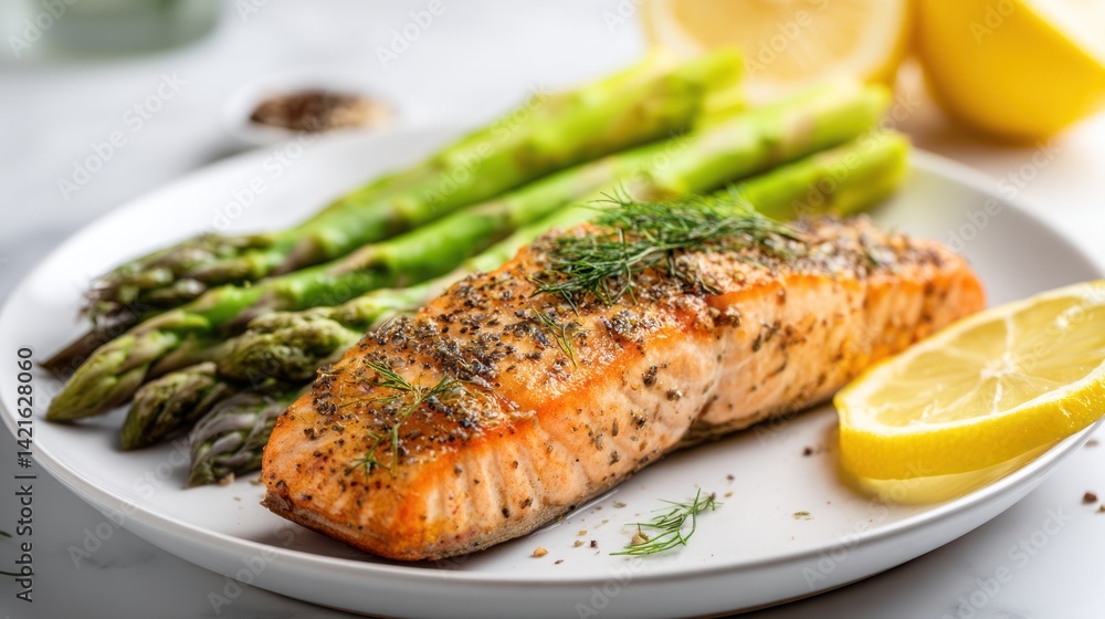 Pepper-Crusted Baked Salmon with Lemon and Asparagus on White Ceramic Plate Pepper-Crusted Baked Salmon with Lemon and Asparagus on White Ceramic Plate