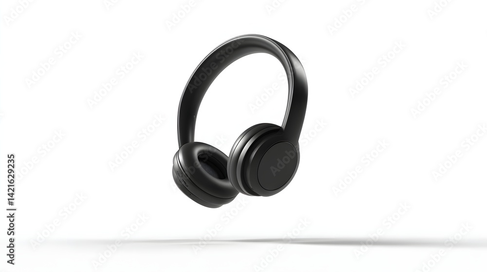 Sleek black wireless headphones isolated on a white backdrop provide listening comfort. Sleek black wireless headphones isolated on a white backdrop provide listening comfort.