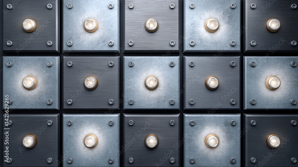 A seamless grid of dark steel plates, each etched with glowing white circuit icons and subtle inner glow A seamless grid of dark steel plates, each etched with glowing white circuit icons and subtle inner glow