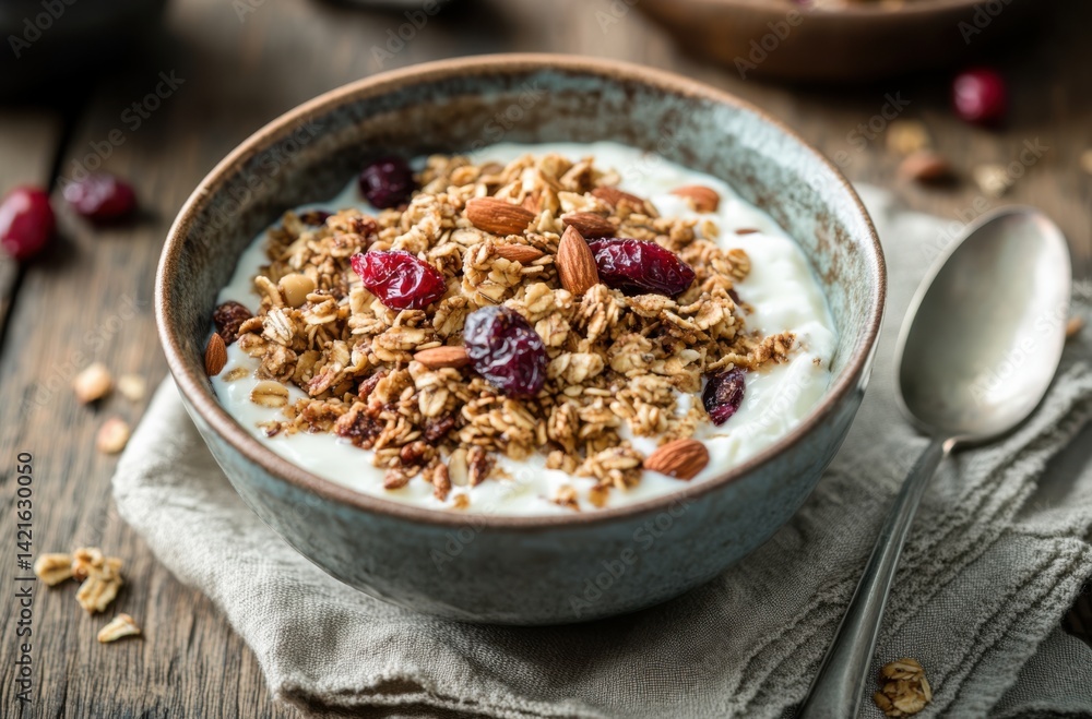 Rustic-style breakfast bowl with thick yogurt, Rustic-style breakfast bowl with thick yogurt,