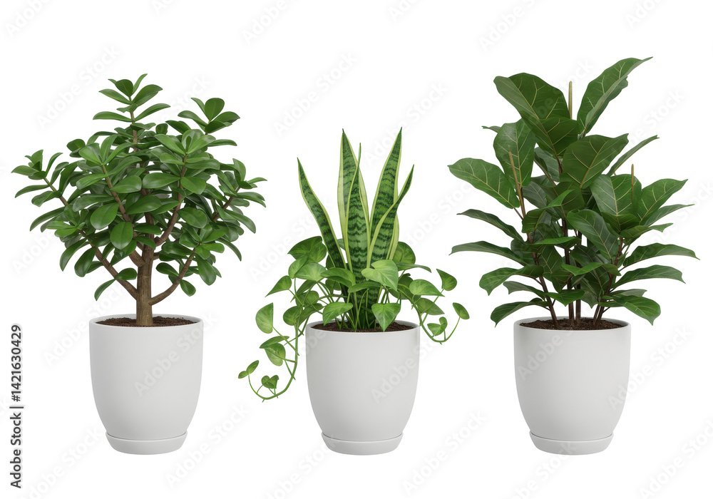 Indoor plants in white pots isolated on white background Indoor plants in white pots isolated on white background