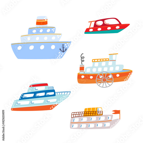 Set of colorful cartoon ships and boats. Motor ship, yacht, river ferry. Fun and simple hand-drawn style. For kids, marine-themed designs, and educational materials. Vector illustration