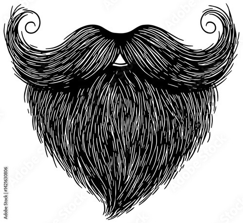 Handlebar mustache and beard sketch in black, isolated 