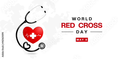 May 8th is World Red Cross Day. Stethoscope, heart and plus icon. Suitable for posters, banners, social media and more. White background. 