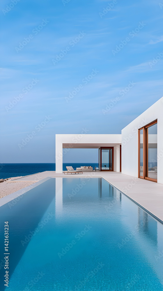 Fototapeta premium Modern Minimalist White Villa with Infinity Pool Overlooking Ocean