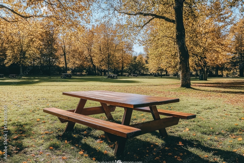 Autumn picnic table in park