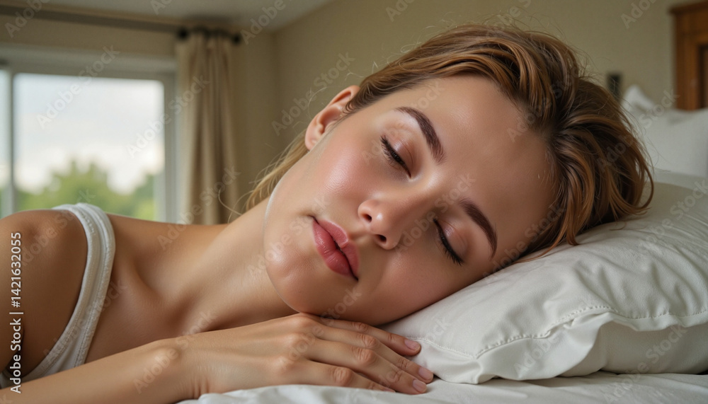 Young woman peacefully sleeping in a cozy bedroom environment Young woman peacefully sleeping in a cozy bedroom environment