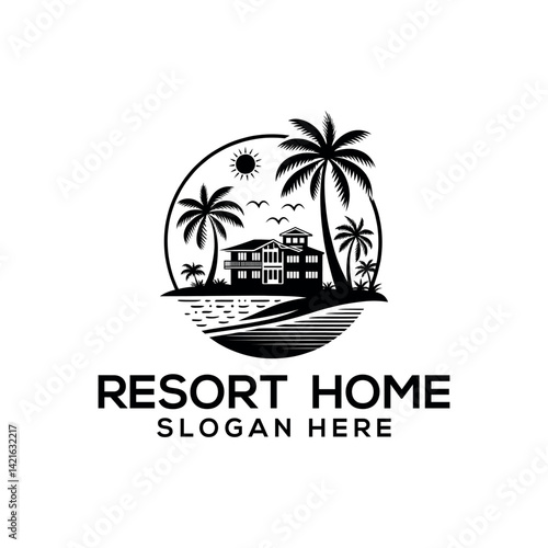 resort home silhouette logo vector line art logo design