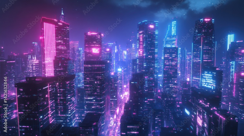 Fototapeta premium Neon Cityscape: A futuristic metropolis at night, bathed in vibrant pink and blue neon lights, showcasing towering skyscrapers and a mesmerizing urban glow.