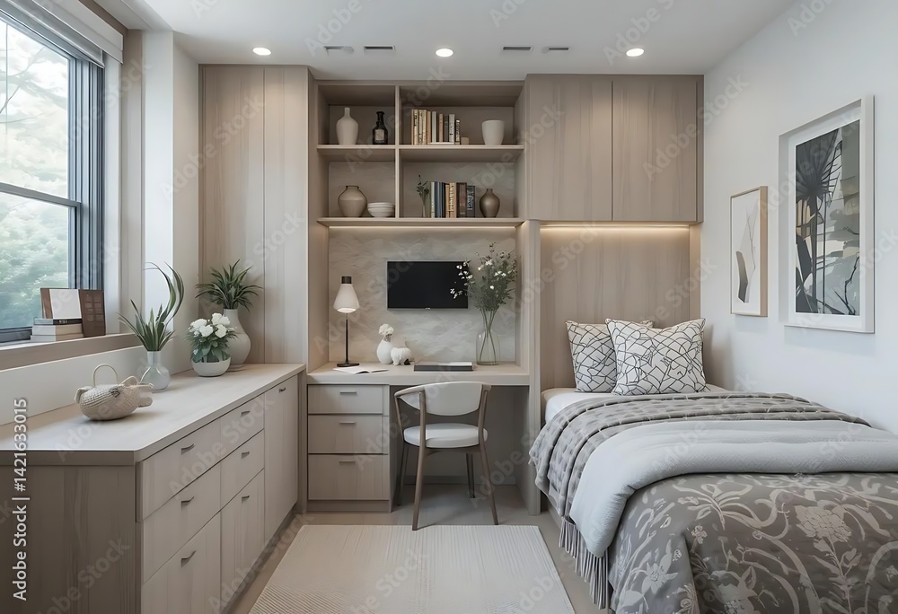 Serene Minimalist Bedroom with Built-in Desk and Calming Hues Serene Minimalist Bedroom with Built-in Desk and Calming Hues