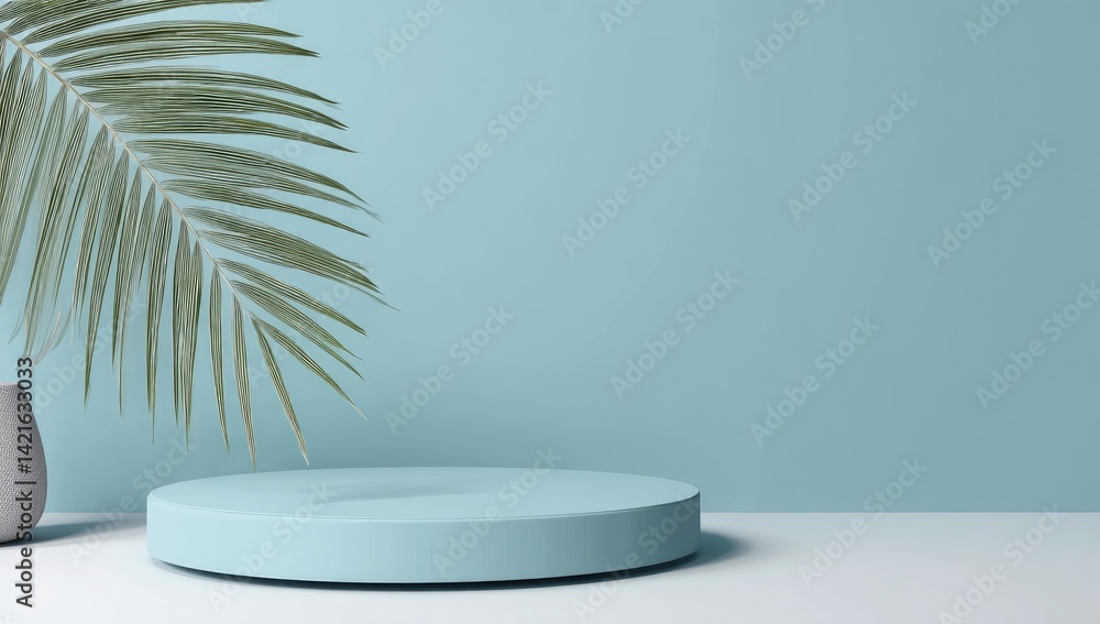 Minimalist plain blue background for product presentation with a white round podium and small palm leaves. Minimalist plain blue background for product presentation with a white round podium and small palm leaves.