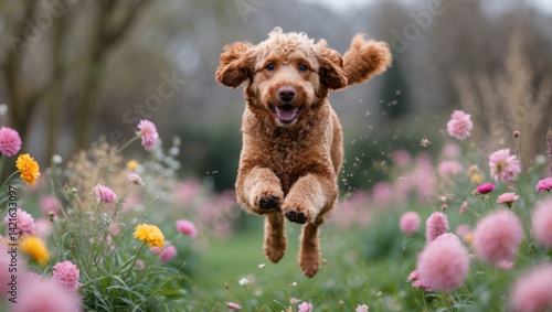 Fototapeta Naklejka Na Ścianę i Meble -  A joyful dog leaping through a vibrant flower field filled with blossoms in springtime.