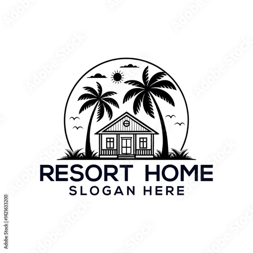 resort home silhouette logo vector line art logo design