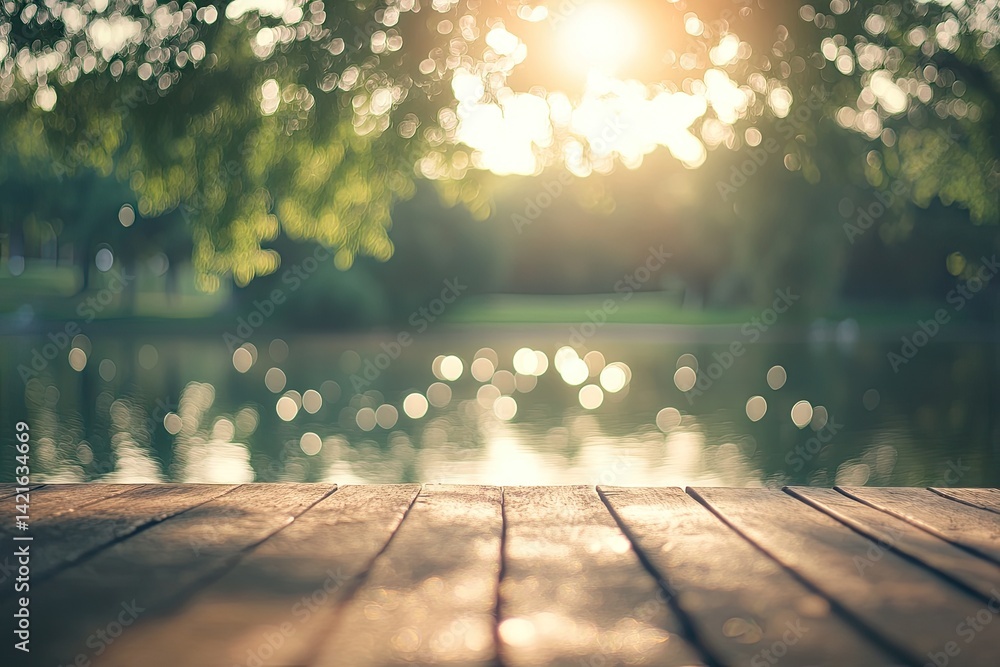 Park wooden table top at sunset