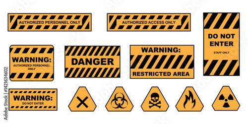 Set of Hazard Warning Signs and Safety Symbols in Orange and Black