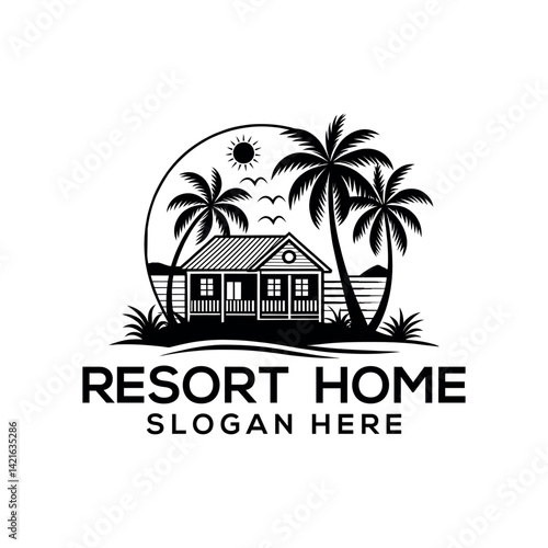 resort home silhouette logo vector line art logo design
