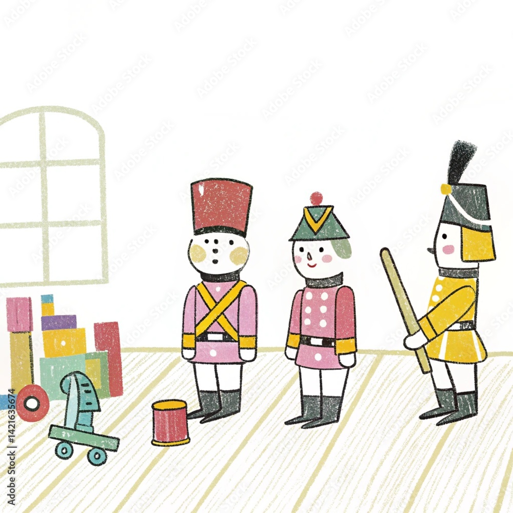 Colorful Wooden Toy Soldiers Standing Playfully in a Bright Room Surrounded by Building Blocks Representing Childhood Imagination and Joy Colorful Wooden Toy Soldiers Standing Playfully in a Bright Room Surrounded by Building Blocks Representing Childhood Imagination and Joy