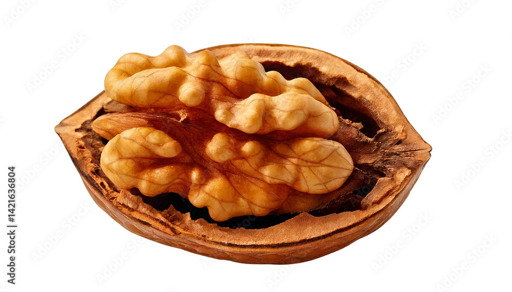 Cracked Walnut with Exposed Nut Close-Up on White Background Cracked Walnut with Exposed Nut Close-Up on White Background