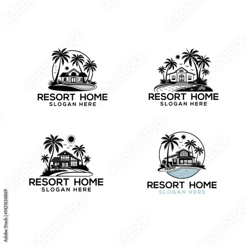 resort home silhouette logo vector line art logo design