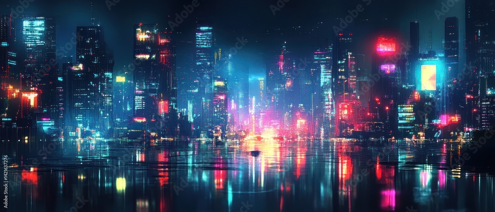 Fototapeta premium Cyberpunk Cityscape: Neon Reflections on Water