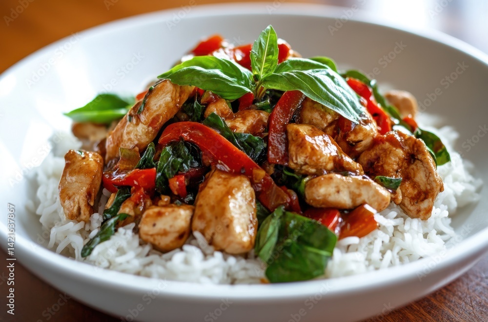 Spicy and tangy Thai basil chicken stir-fry, served over Spicy and tangy Thai basil chicken stir-fry, served over