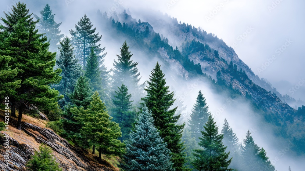 Fototapeta premium Misty mountainside with evergreen trees.