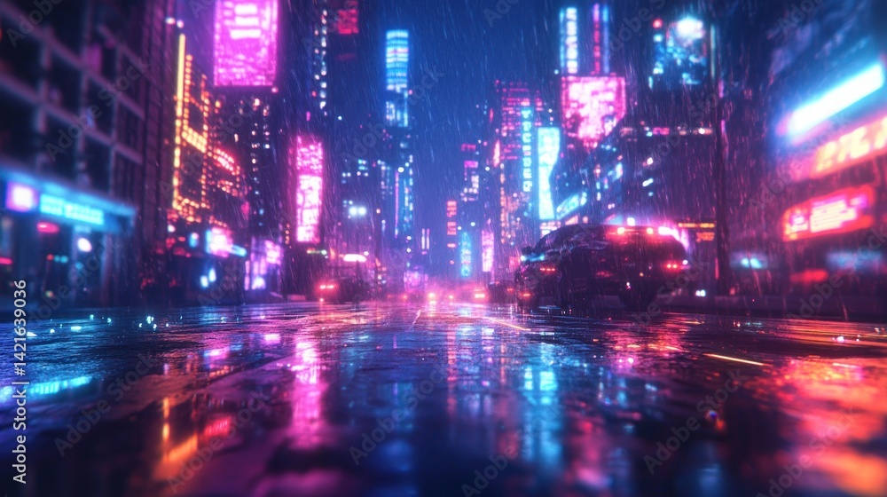 Fototapeta premium Cyberpunk Cityscape: Neon Rain