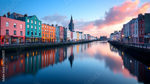 Colorful Buildings Reflecting in Calm River at Sunset