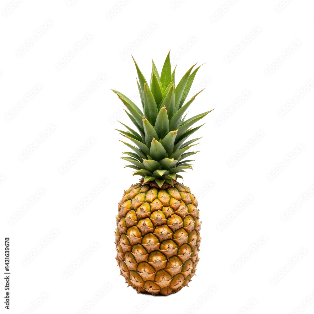 A fresh pineapple with a vibrant green crown and a golden-brown body, perfect for tropical-themed designs. A fresh pineapple with a vibrant green crown and a golden-brown body, perfect for tropical-themed designs.